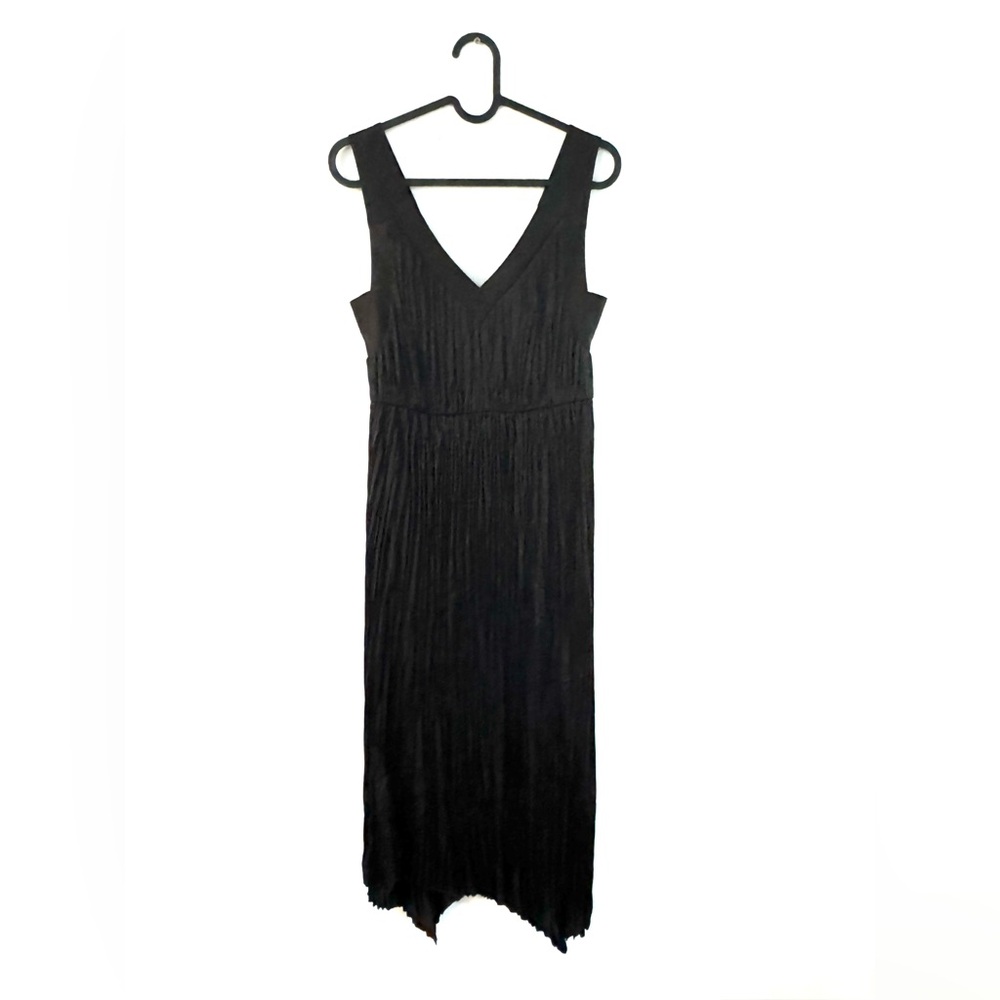 ALL SAINTS black pleated v neck dress black satin size SMALL